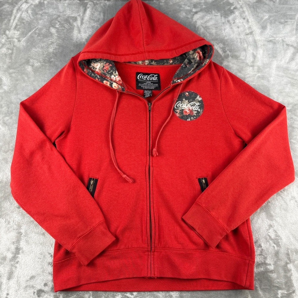 Coca-Cola Hoodie Women Large Full Zip Red Floral Patch Pockets EUC